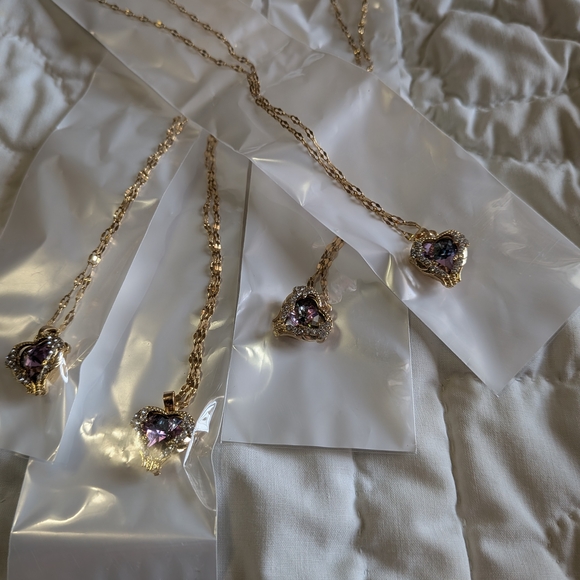 Fashion Jewelry Jewelry - Four Golden Heart Pendant Necklaces with ALEXANDRITE colored Stones 17"-19"